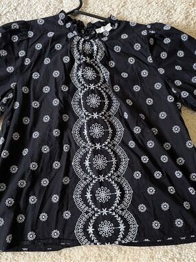LOFT Black Blouse with White Embroidered Trim